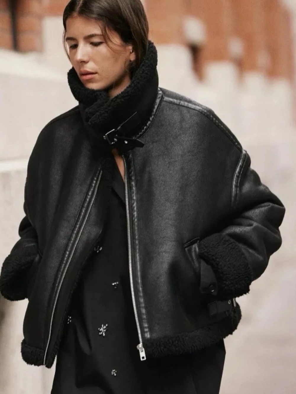 Zara Black Double Faced High Collar Shearling-Lined Aviator Jacket